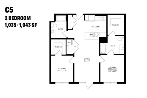 Floor plan for 2 beds, 2 baths, 1043 sqft
